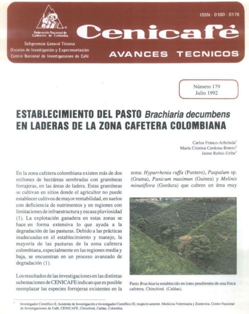 <p>(avt0179)Establecimiento del pasto /Brachiaria decumbens/ en laderas de la zona cafetera colombiana. (avt0179)</p>