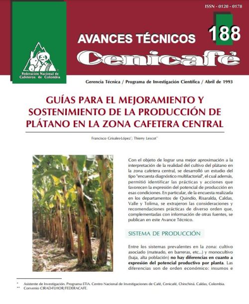 <p>(avt0188)Guías para el mejoramiento y sostenimiento de la producción de plátano en la zona cafetera central. (avt0188)</p>