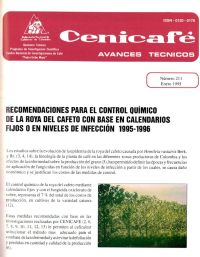 <p>(avt0211)Recomendaciones para el control químico de la Roya del Cafeto con base en calendarios fijos o en niveles de infección 1995-1996. (avt0211)</p>